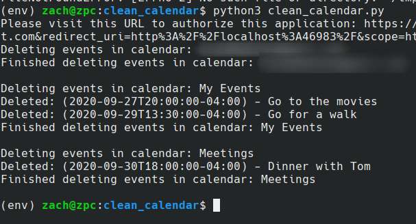 An example of deleting old events from multiple calendars. The URL at the top of the image was used for a 1-time authentication with the Google Calendars API.