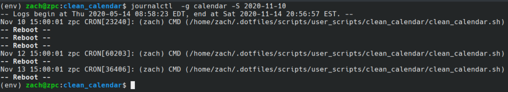 Journal output showing that cron is running the script every day (as long as the computer is on).