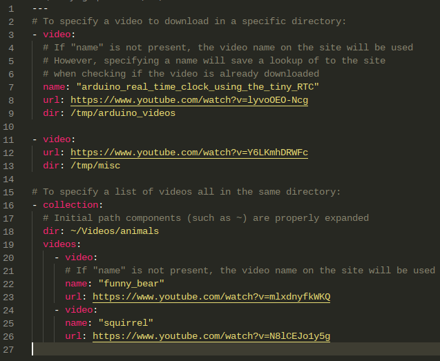 The default example entries in mytube_config.yml